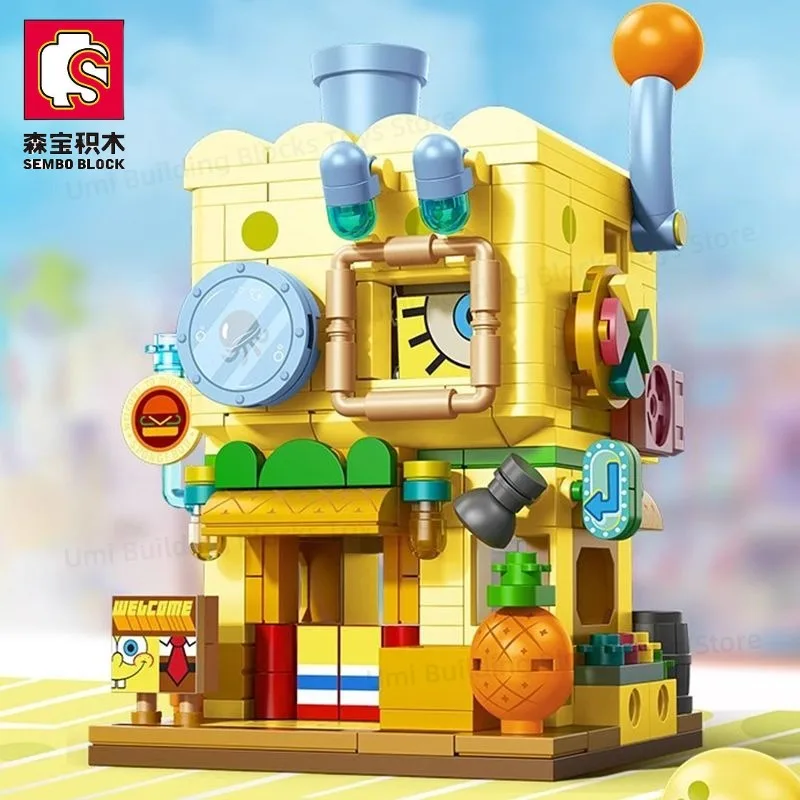 SEMBO BLOCK-bloques de construcción de Bob Esponja, bloques de construcción de doble capa, ensamblaje de escena callejera, modelo de adornos, regalo de vacaciones para niños