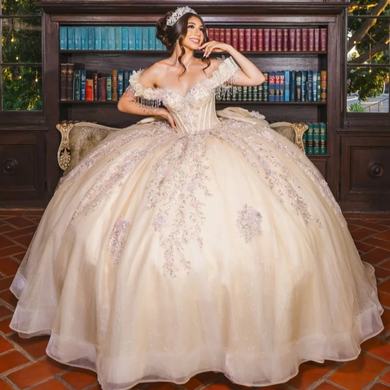 Champagne Quinceanera Dress off-shoulder Sequins Flower Decal Long Tail Layering Bow Vestidos De 15 Quinceanera ﻿Customize