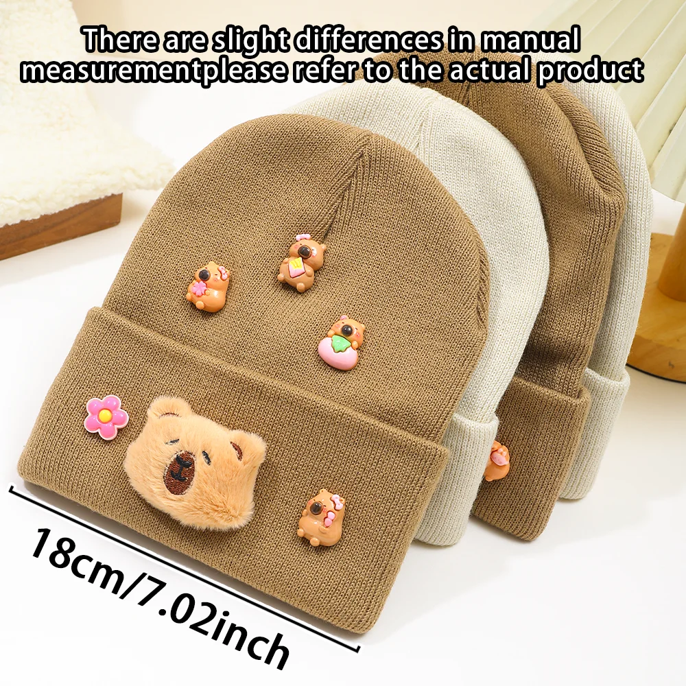 1PC Bear Cap + Capybara Flower Charm - Cute Soft Warm Autumn Winter Gift