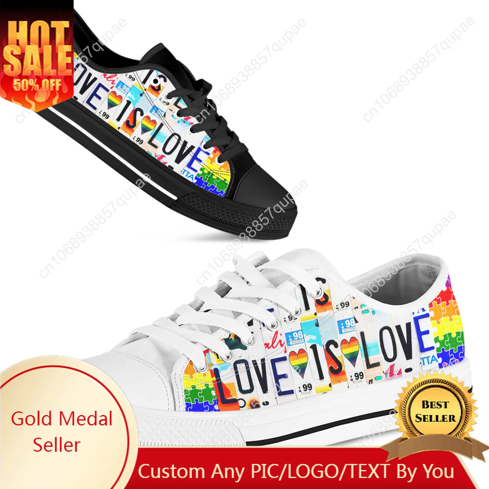 

License Plate LGBT Love Is Love 2023 New Women Vulcanize Shoes Canvas Sneakers Fashion Lace-up Rubber Flat Autumn Footwear