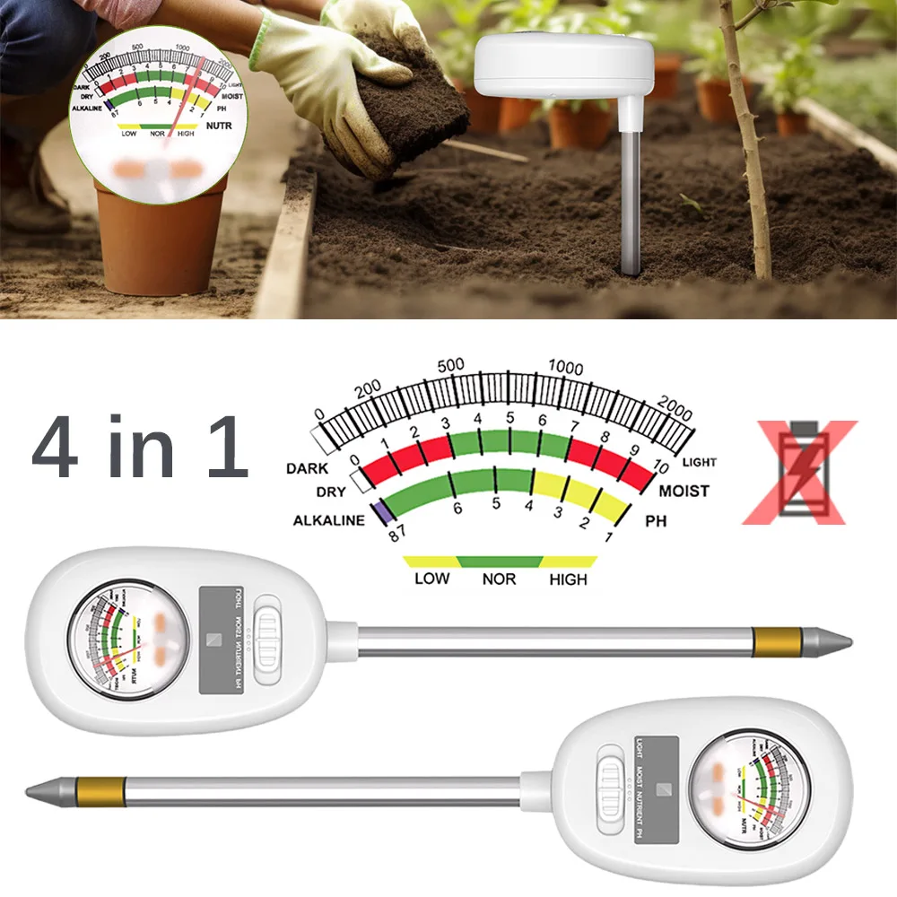 

1pcs 4-in-1 Plants Sensor Soil Tester Soil Moisture Meter Light Nutrients PH Test Kit Great Indoor Outdoor Use Garden Lawn Farm