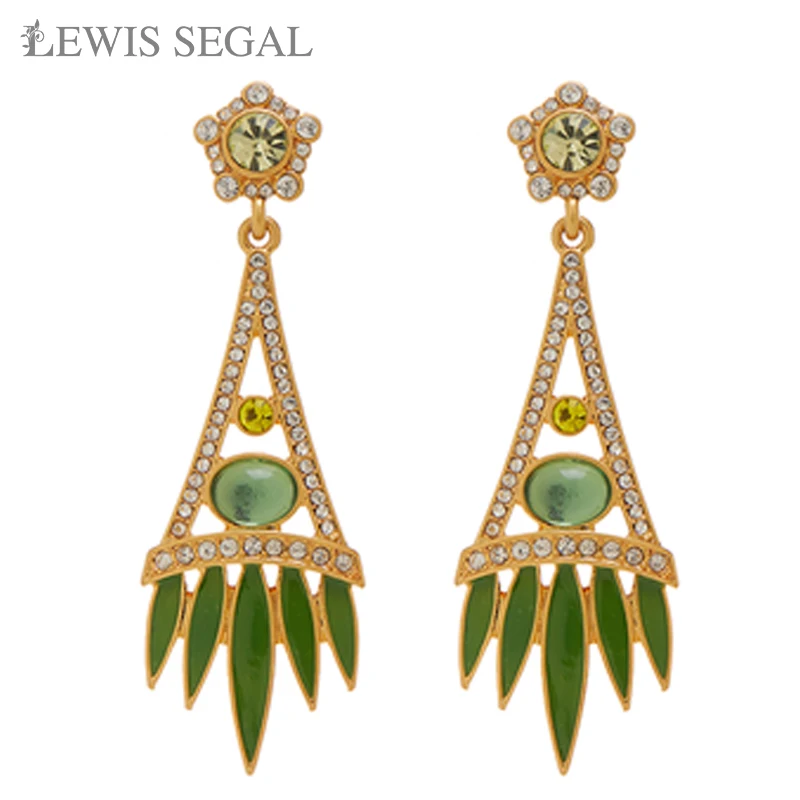 

LEWIS SEGAL Exquisite Green Crystal Enamel Drop Earrings 18K Gold Vintage Fine Jewelry Party Anniversary Women Mother Gift