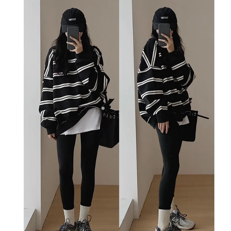 Autumn Loose-fit O Neck Black Striped Long Sleeve Sweatshirt Women Fall Casual Lazy Plus Size Top Trendy Pullovers Clothing