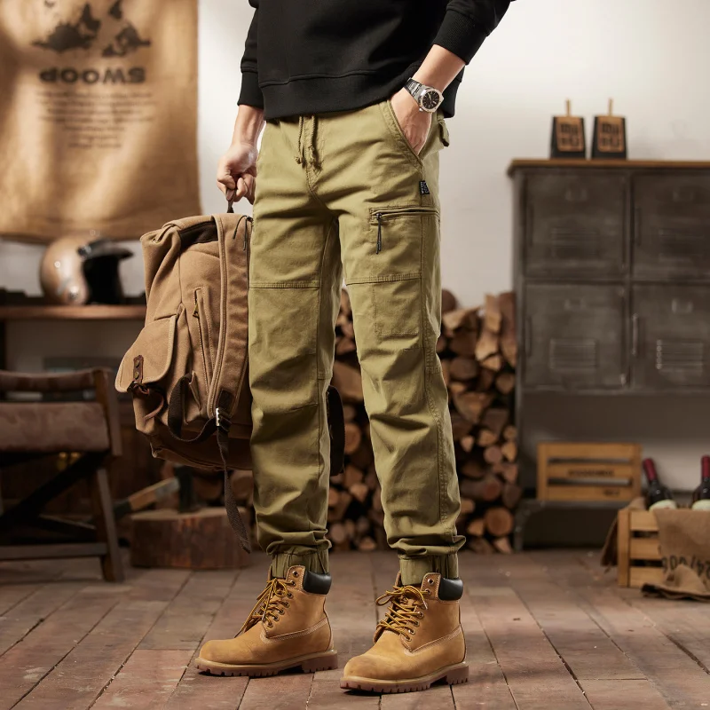 

Men's Military Style Pure Cotton Multi-Pocket Leg Binding Pants Wear-Resistant Solid Color Retro Washed Casual Work Trousers