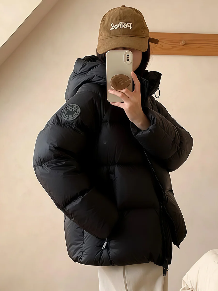 Jaqueta Puffer Casual com Capuz para Mulheres, Inverno, Comprimento Médio, Solta, Quente, 90% Penas de Ganso, Casaco de Lazer com Zíper