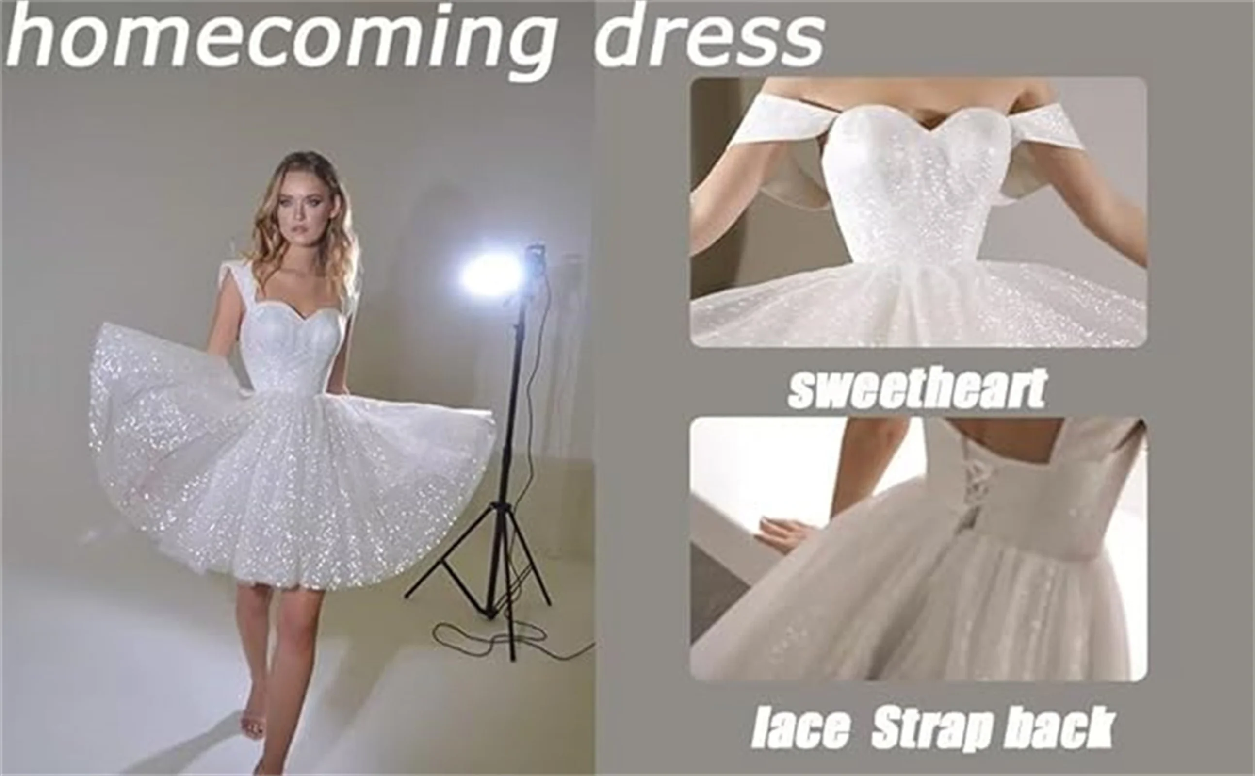 

Customized Glitter Tulle Short Homecoming Dress For Teens Dresses Sleeveless A Line Party Cocktail Women's White Wedding Gown