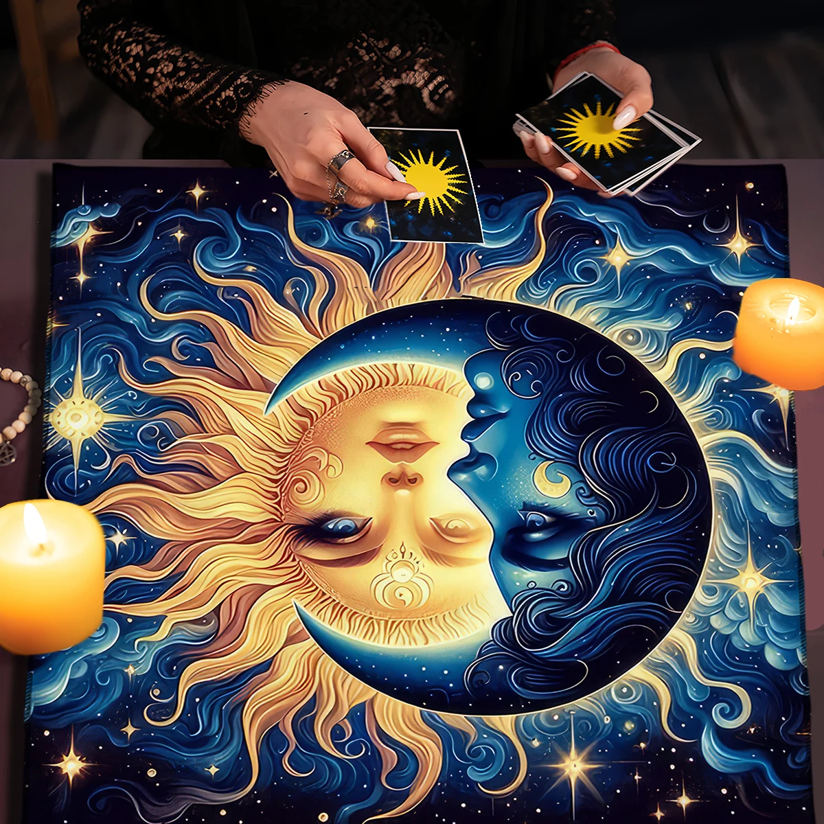 Bohemian Moon Phase Tarot Tablecloth Altar Cloth Divination Decoration Black Starry Sky Moon Witchcraft Tarot Card Table Cloth