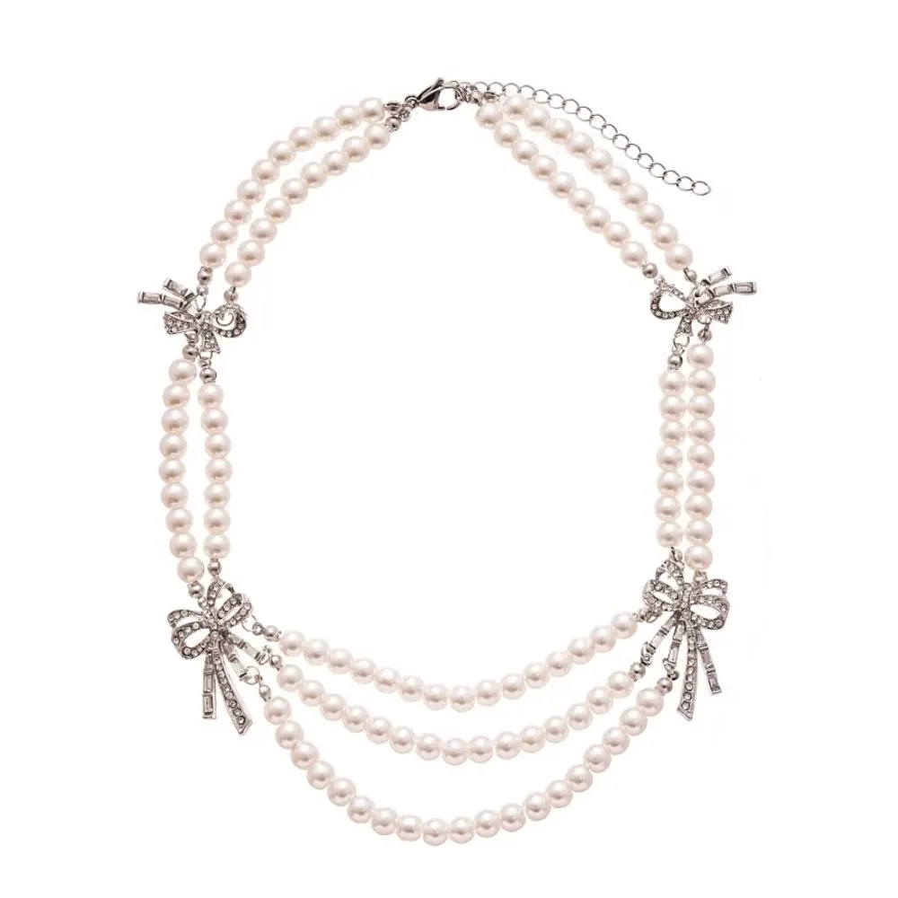 

Ornaments Vintage Imitation Pearl Necklace Temperament Shiny Multi-layer Chain Light Luxury Elegant Bow Collarbone Chain Women