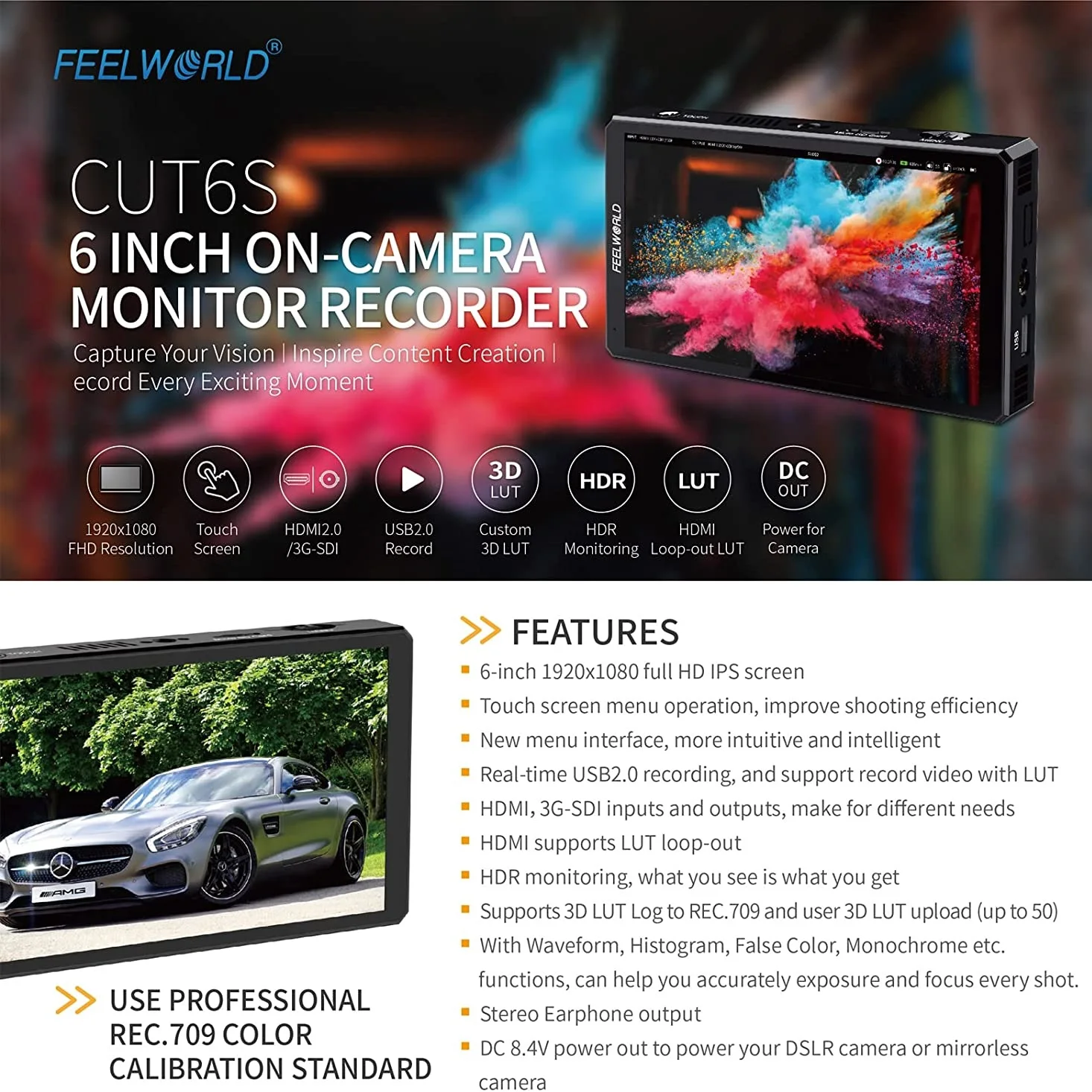 FEELWORLD CUT6S 6-inch Touch Screen Monitor 450nits Recorder FHD IPS 4K HDM 3G-SDI 3D LUT on Camera Monitor