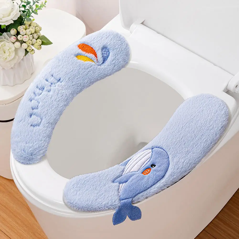 Round Elongated Square Toilet Seat Mat Toilet Seat Cover Soft Flannel Non-Slip Washable Cushion Pad Cartoon Whale Pattern
