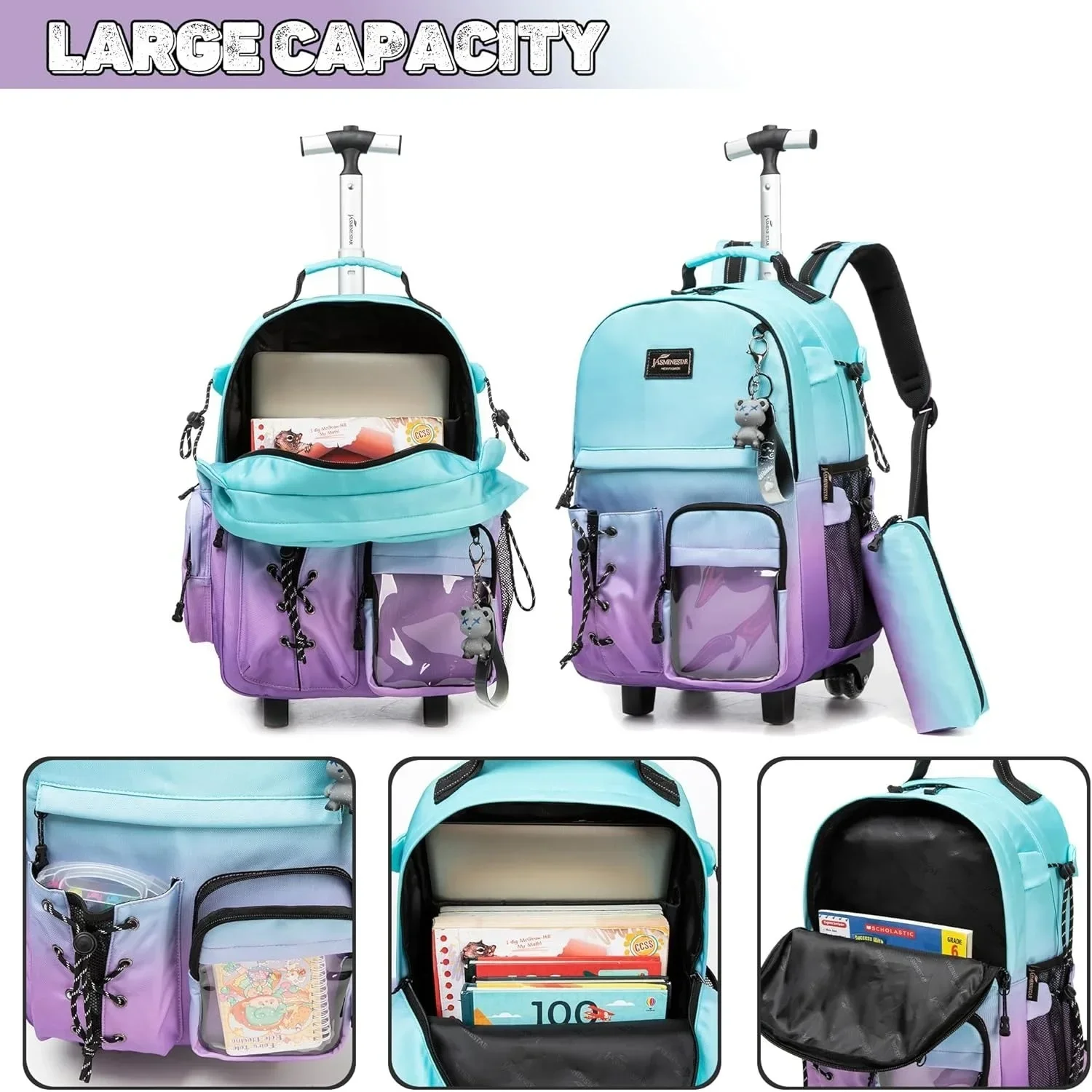 3PCS School Bags for Girls Wheeled Backpack for Teens Travel Rolling Backpack School Trolley Bag Carry on Luggage with Wheels