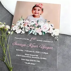10pcs Elegant Custom Welcome Baby Baptism Invitation Card Acrylic Clear Baby Birthday Invitations with Box Bar Mitzvah Souvenirs