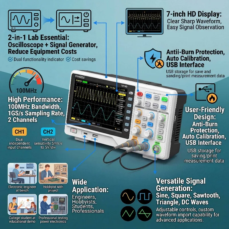 [2026]FNIRSI 1014D 100MHz Digital Oscilloscope & Signal Generator 2-in-1 Dual Channel Oscilloscope Kit For Electronics Testing