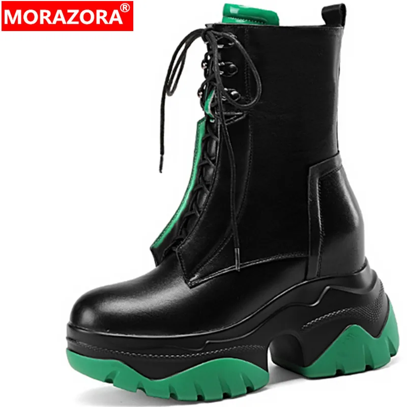 

MORAZORA 2022 New Zipper Flat With Heels Shoes Narrow Band Mid Calf Boots Genuine Leather Platform Women Boots