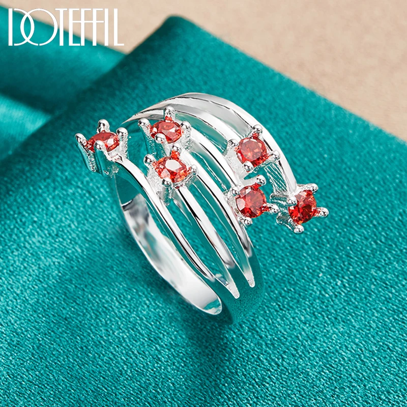 DOTEFFIL 925 Sterling Silver Round Red AAA Zircon Ring For Women Man Wedding Engagement Party Fashion Charm Jewelry