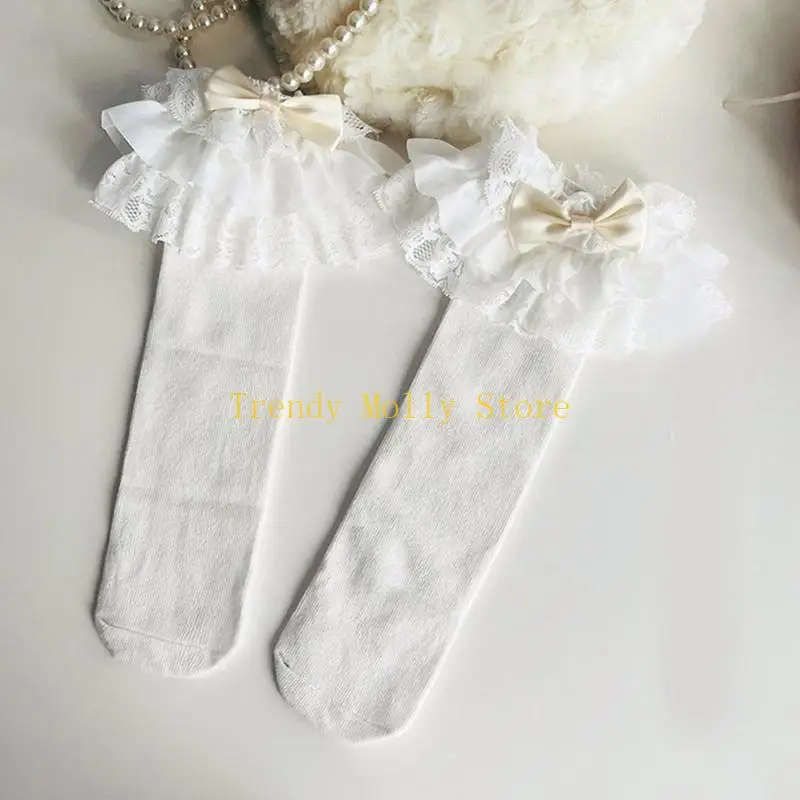 N5kb enfants bébé filles gothiques genoue hautes chaussettes vintage multi-couches en dentelle à volants doux bonbons