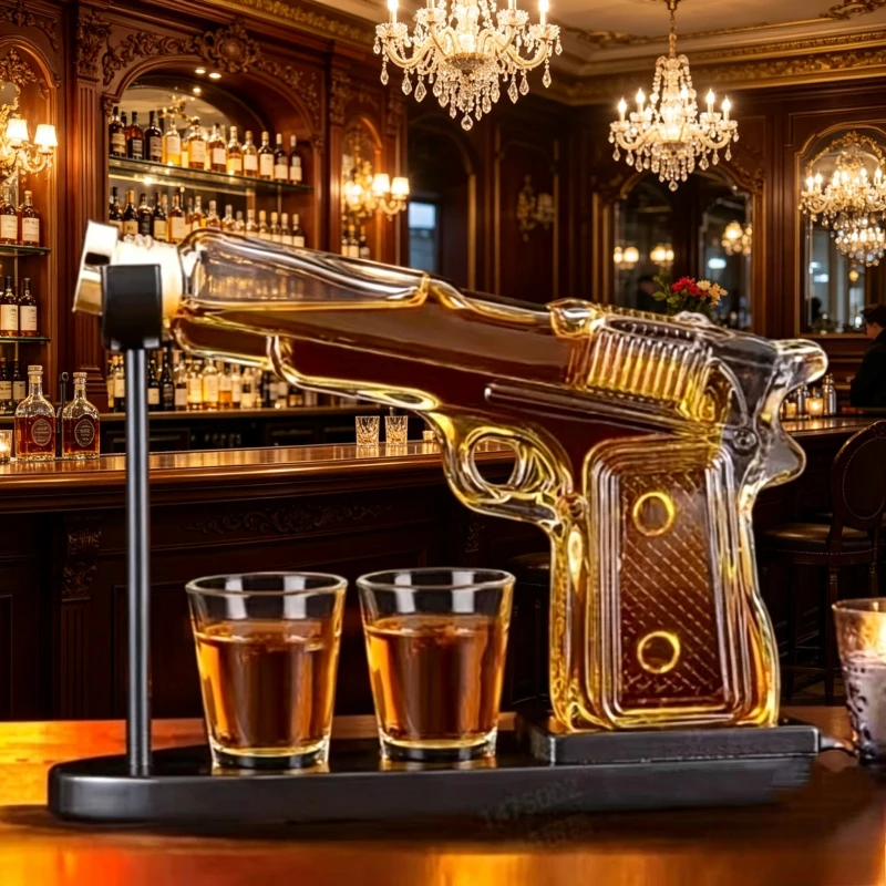 Decantador de whisky con forma de pistola y 2 vasos, decantador de licor de vidrio sin plomo para bourbon, vodka, decoración de bar y hogar, regalo único