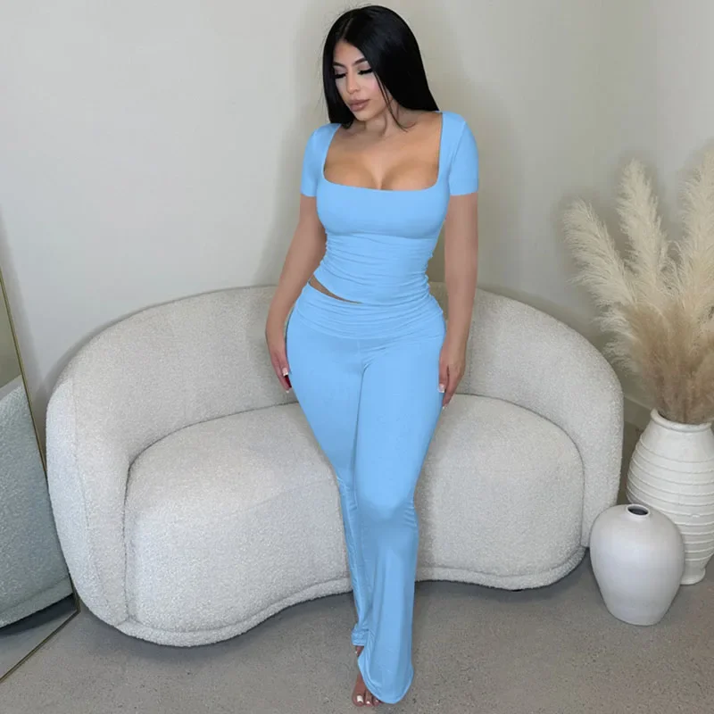 

Solid Casual Tracksuit Women 2 Piece Outfits Sporty Fitness Workout Short Sleeve Crop Top + Flare Pants Matching Sets Yoga Femme