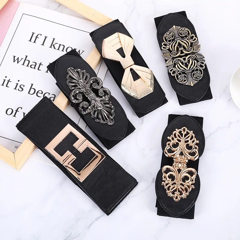 Women Mixed Styles Hollow Vintage Metal Buckle Elastic Waist Belt Stretch Cinch Belt Fashion Decor Waistband For Dress Abaya