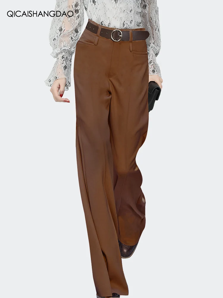 Office Ladies Spring Autumn Brown Suit Pants High Waist Front Pleated Loose Plus Size Straight Pants Long Trousers With Belt