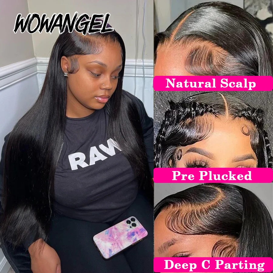 WowAngel 250% 13x6 HD parrucche frontali in pizzo 34in Bye Bye nodi parrucche diritte di seta per capelli umani pelli capelli brasiliani fusi per le donne