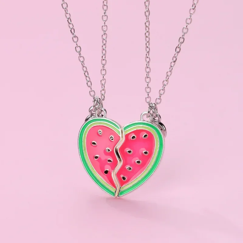 Lovecryst 2Pcs/set Sweet Summer Watermelon Pendant Best Friend Necklace for Kids Girls Fashion Friendship Gifts