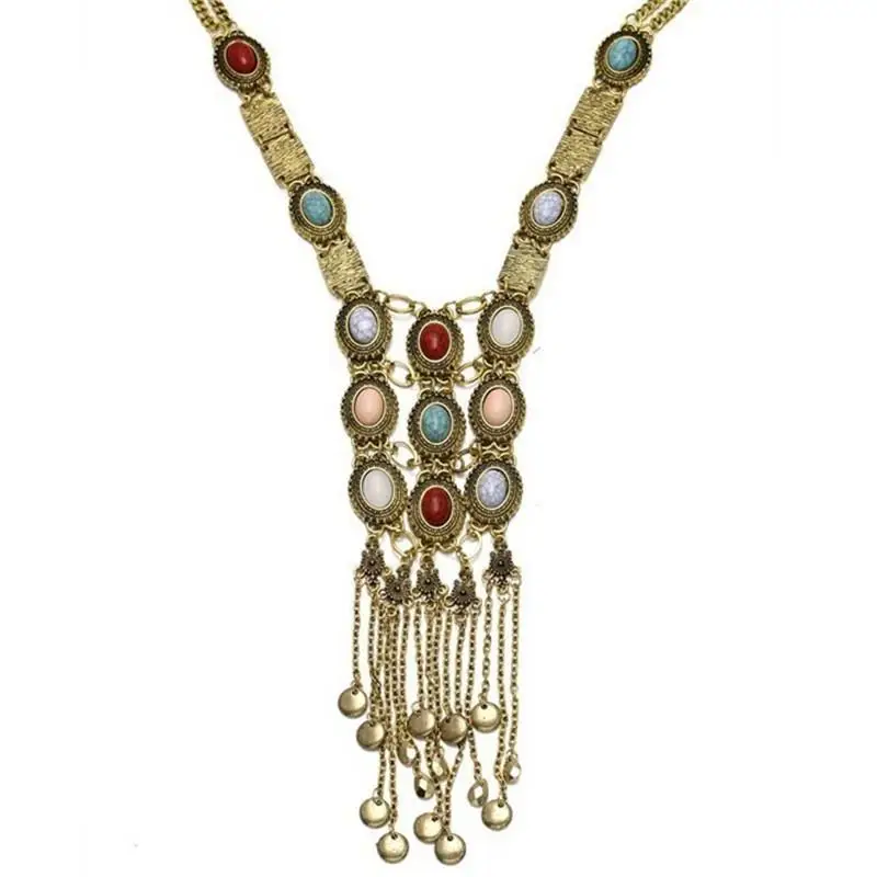 Women's Bohemian Bib Turquoise Pendant Choker Long Element Tassel Multi-level Pendant Pearl Necklace