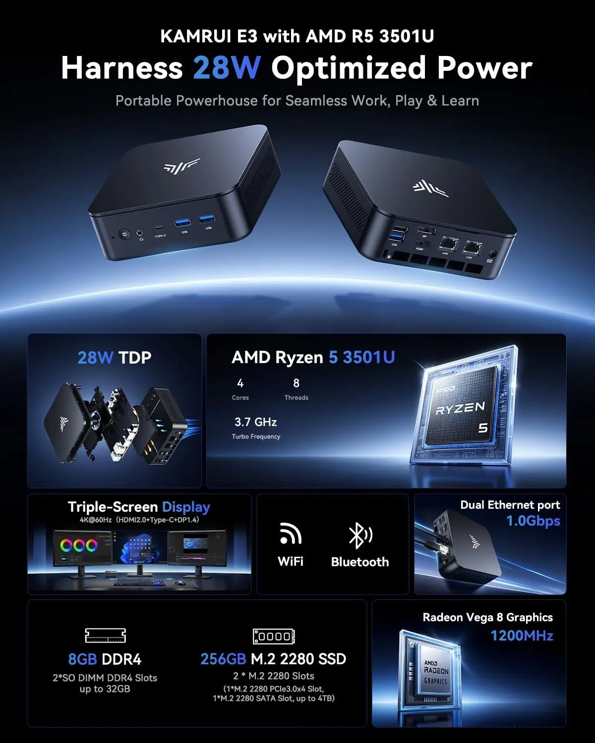 KAMRUI Mini PC Ryzen 5 3501U 8GB DDR4 256GB M.2 SSD Windows11Pro WiFi5 Dual 4K Display Mini Desktop Computer for Office Business