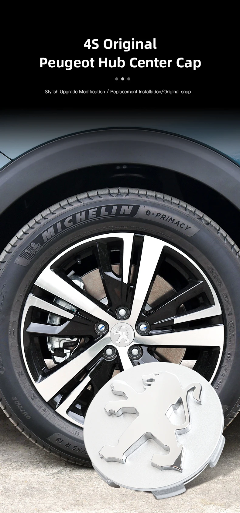 4er-Set spezielle Radnabenabdeckungen für neue Peugeot Modelle 206, 307, 308, 207, 3008, 208, 407, 508, 2008, 5008, 301, 406, 408, 607, 4008 – Detail 1