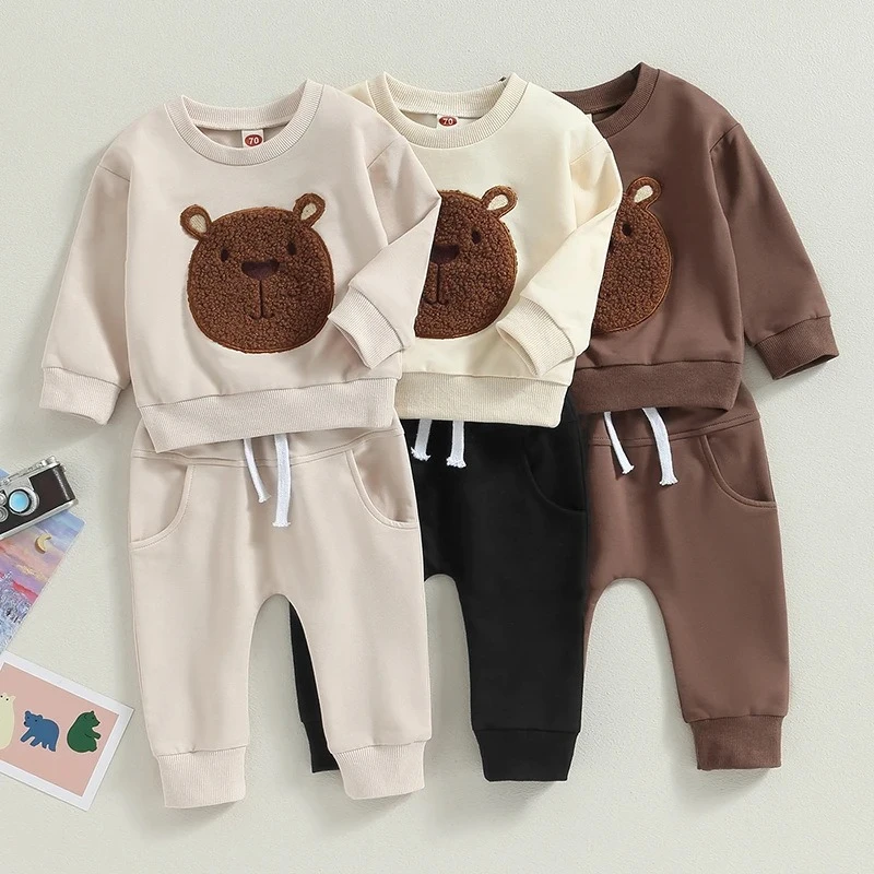 Unisex Baby Autumn/Winter Warm 2-Piece Set: Cute Bear Pattern Top & Drawstring Pants Stylish Casual Outfit for Boys & Girls