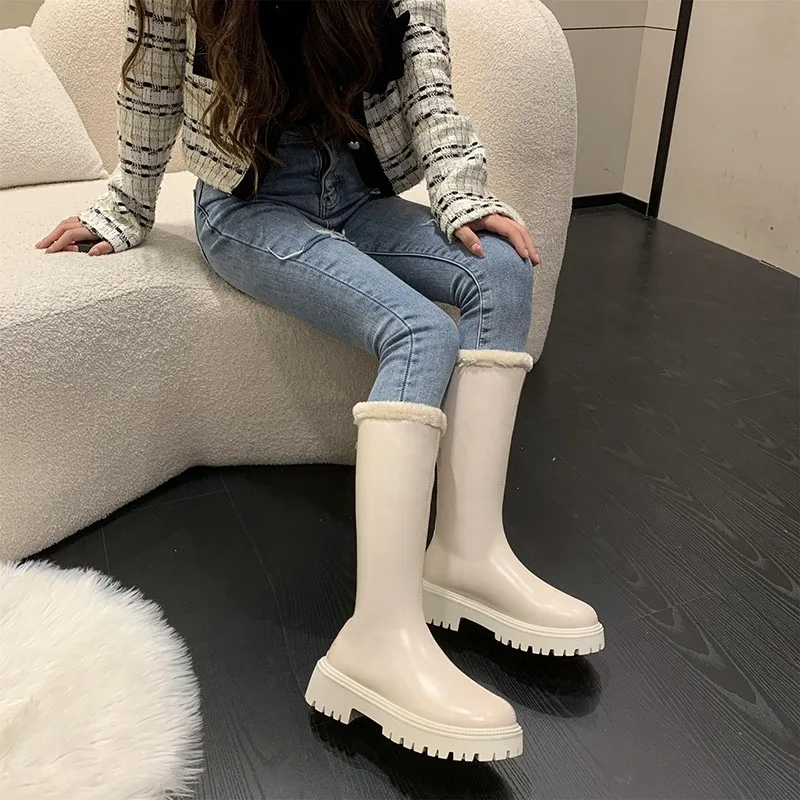 Botas altas hasta el muslo para Mujer, botines De felpa con punta redonda, cómodos, hasta la rodilla, color blanco, moda coreana, invierno, 2023