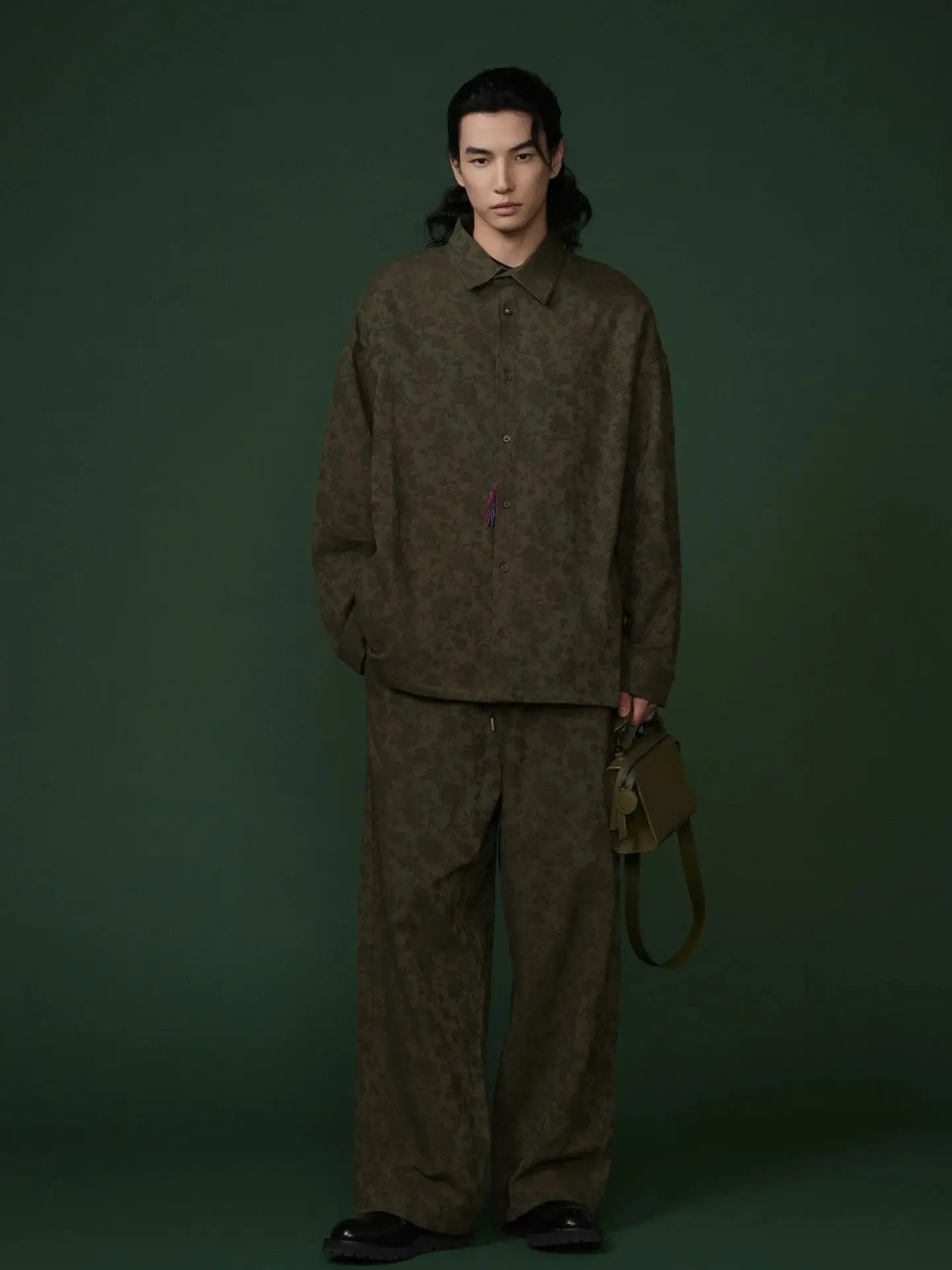 Spring Outfit - Seasonal Jacquard Original Designer Loose Fit Military Green Trendy Casual Straight Pants