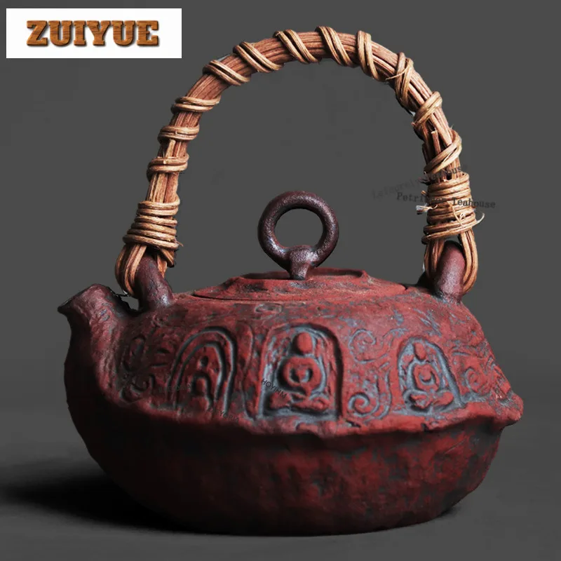 

Чайник из грубой керамики 480 мл, красный, в стиле Дуньхуанских пещер, с фигурой Будды, роскошный заварочный чайник с фильтром, для приготовления чая, набор для чаепития, ручная работа