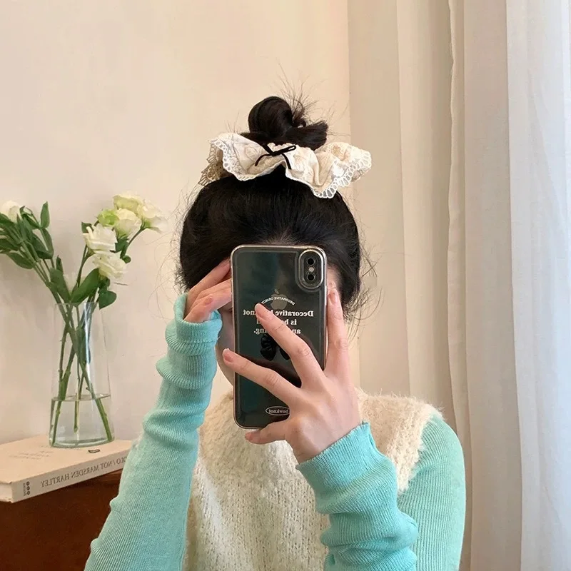 Cream Color Ruffle Hair Scrunchies  Women Girls Sweet Hairbands Ropes Ponytail Rubber Bands Lady Simple Fashion Accessories New