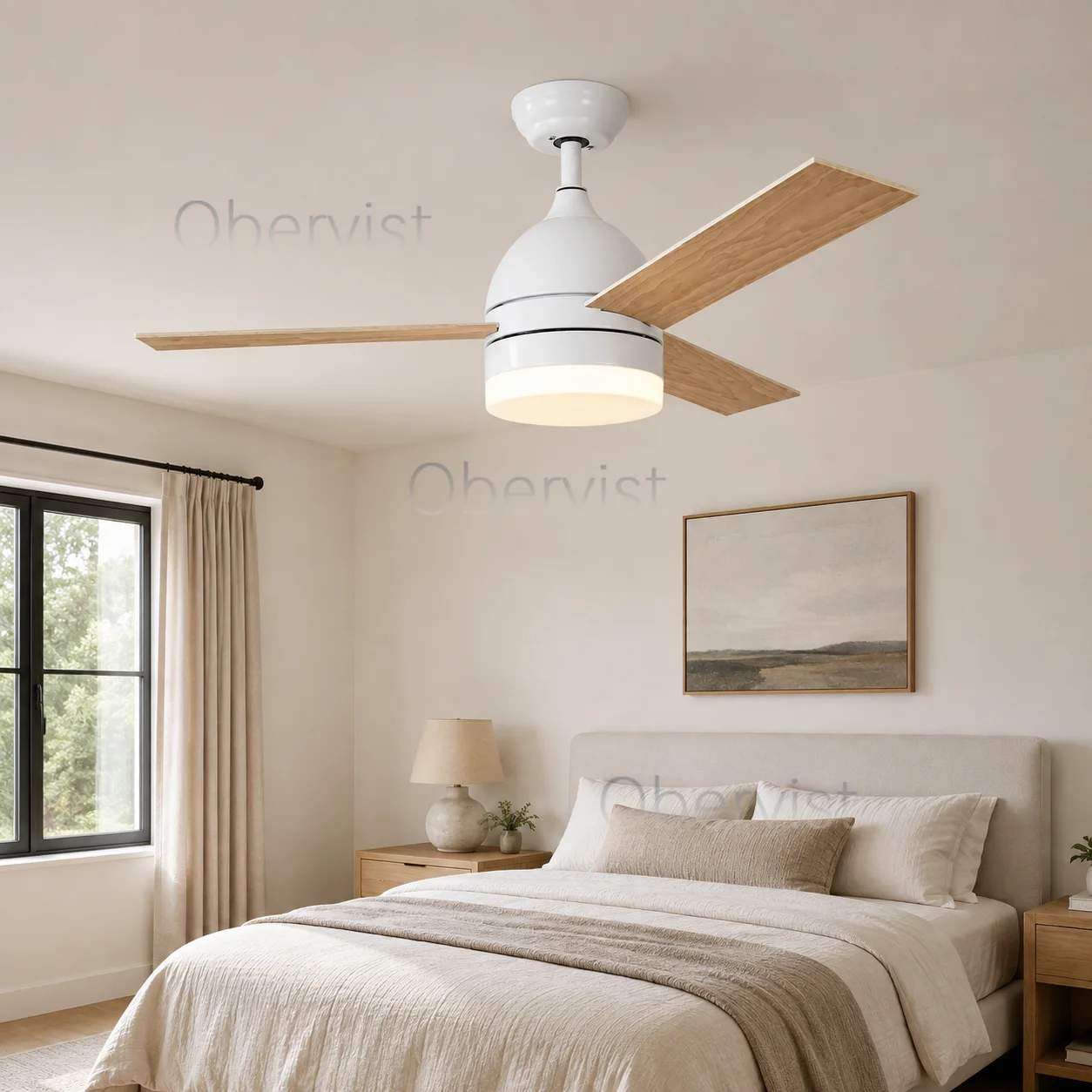 42 Inch Quiet DC Ceiling Fan with LED Light, White Modern Bedroom Dining Room Fan Lamp with Remote Control