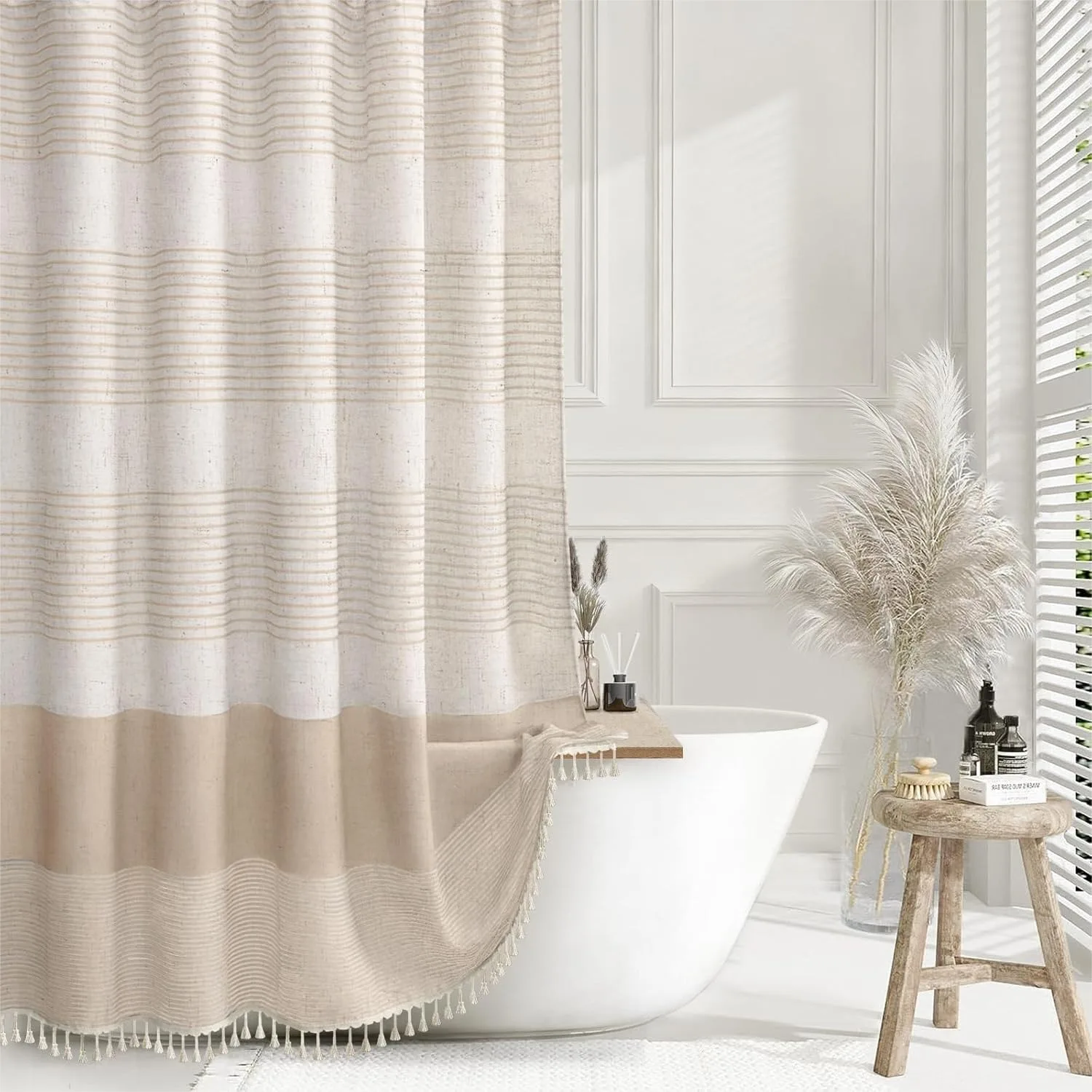 

Beige Striped Linen Shower Curtain with Tassels 72x72 Boho Bathroom Decor