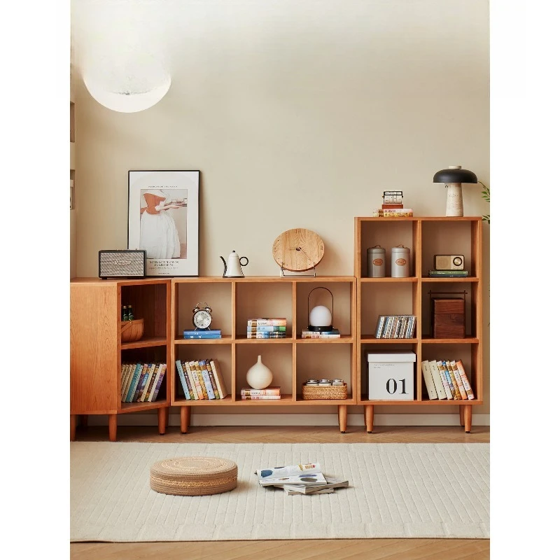 Solid wood bookshelf floor-to-ceiling bookcase, integrated locker, cherry wood oak wall combination lattice cabinet
