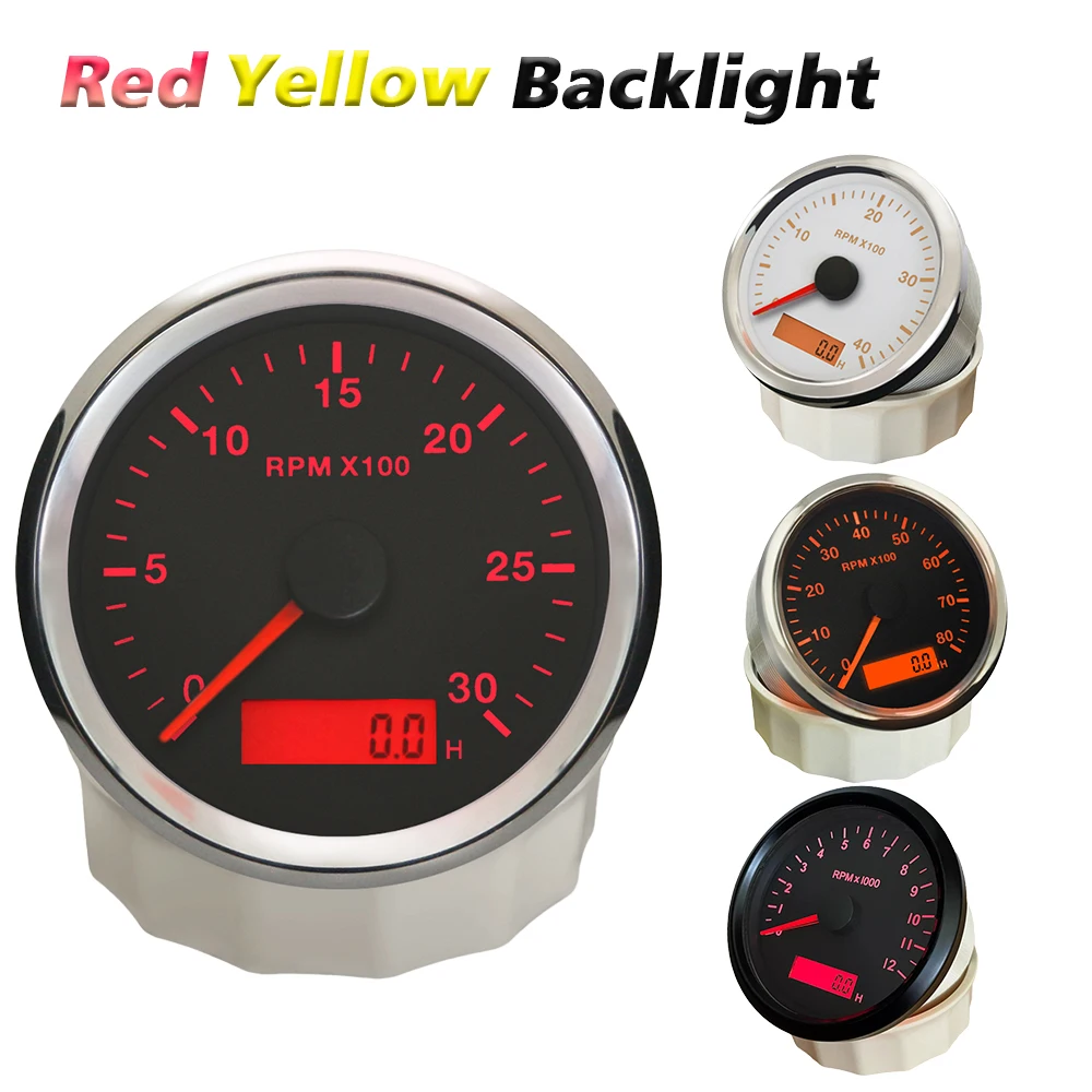 Rhaxel 85mm Tachometer 3K 4K 8K 12K RPM Gauge with Adjustable Hourmeter 12V 24V With Backlight forMotorcycle Vessels
