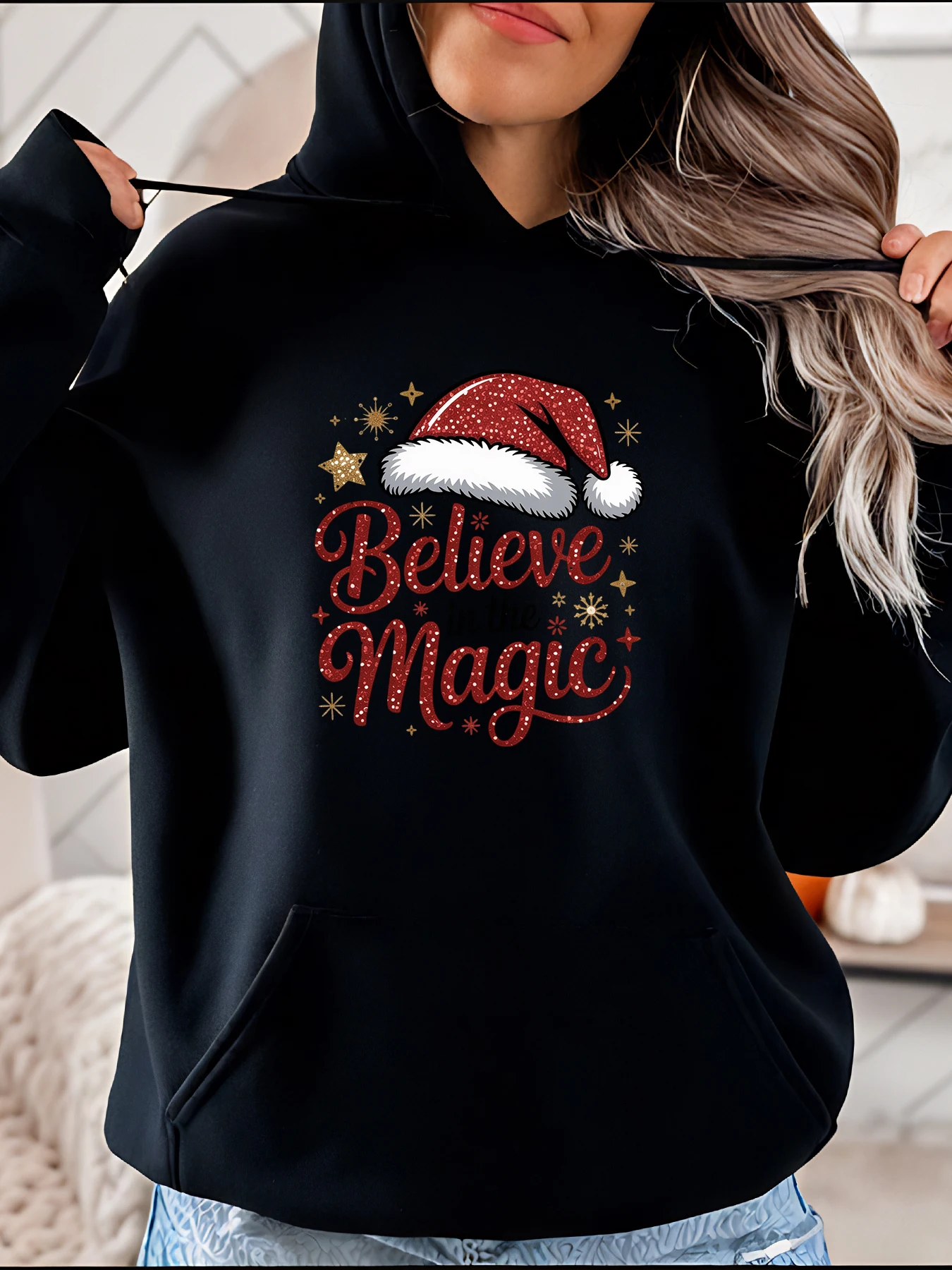 

Рождественская шляпа Санта-Клауса Believe in the Magic, женская праздничная толстовка со звездами и блестящим дизайном