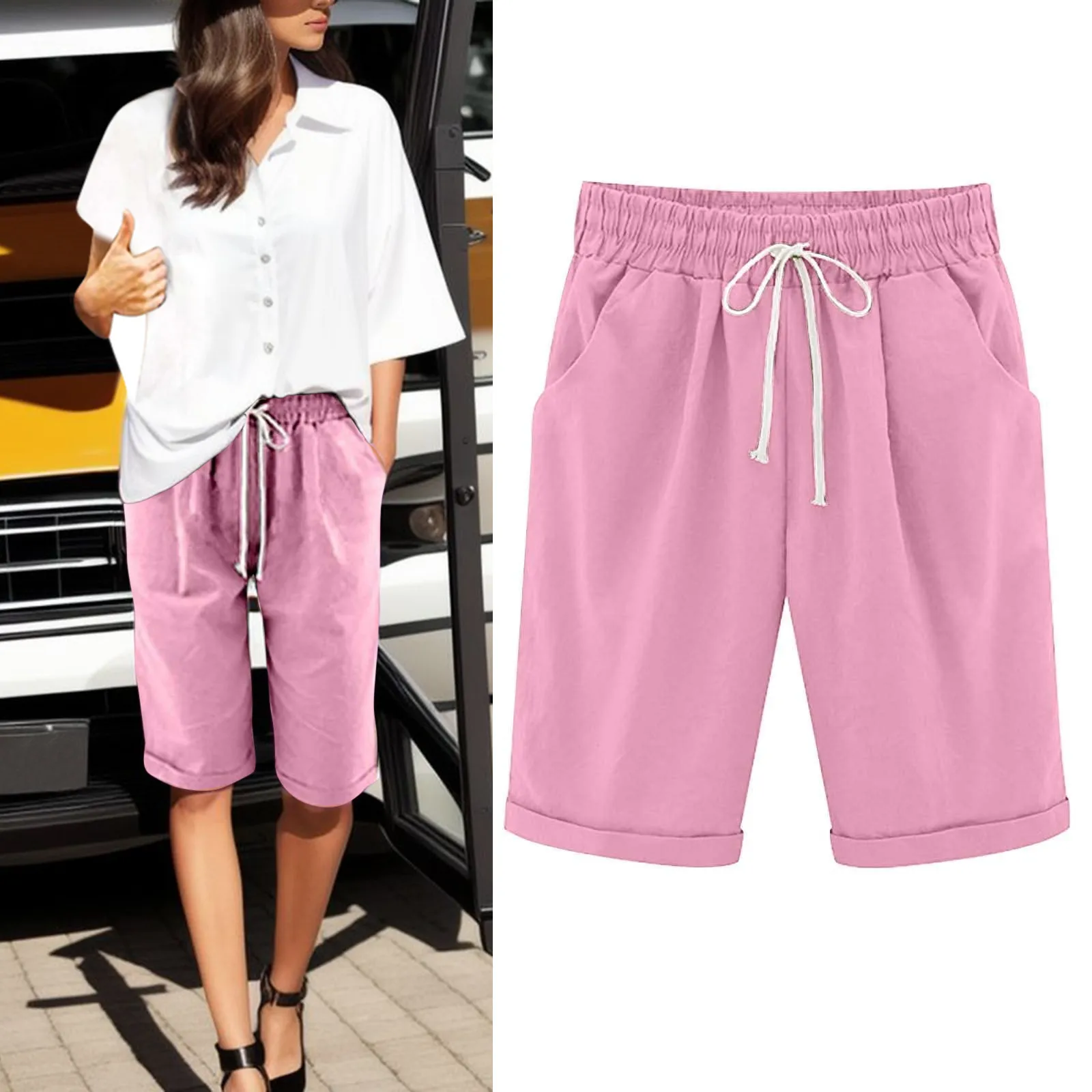 Womens Summer Breathable Thin Shorts Fashion Casual Solid Color Drawstring Elastic Waist Sport Trousers With Pocket Beach Pants