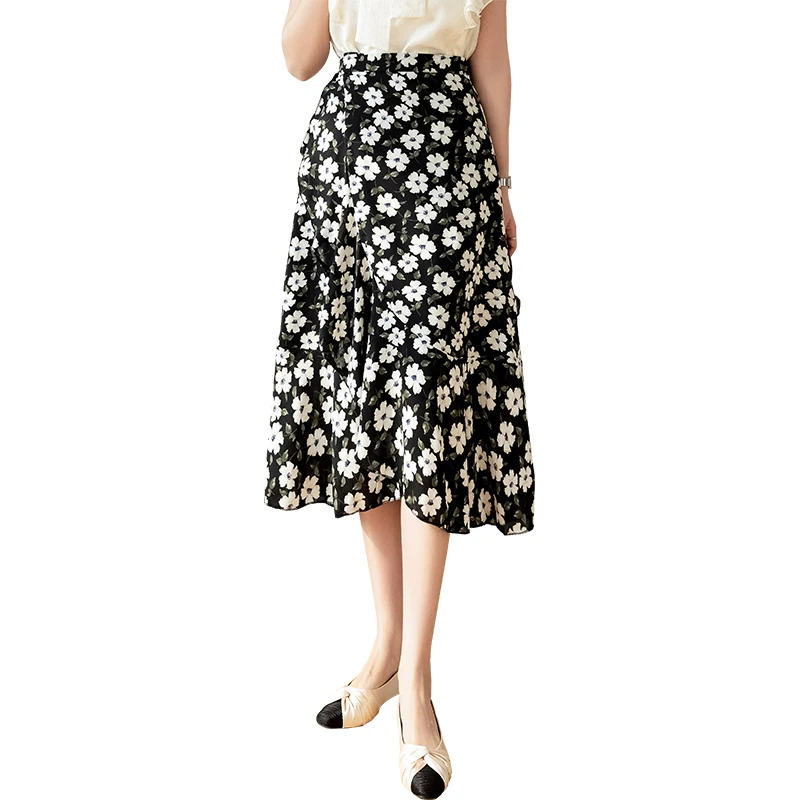 

Черная кружевная юбка с цветочным принтом и хвостом, юбка трапециевидной формы с высокой талией и принтом из полиэстера, летняя дорожная асимметричная юбка