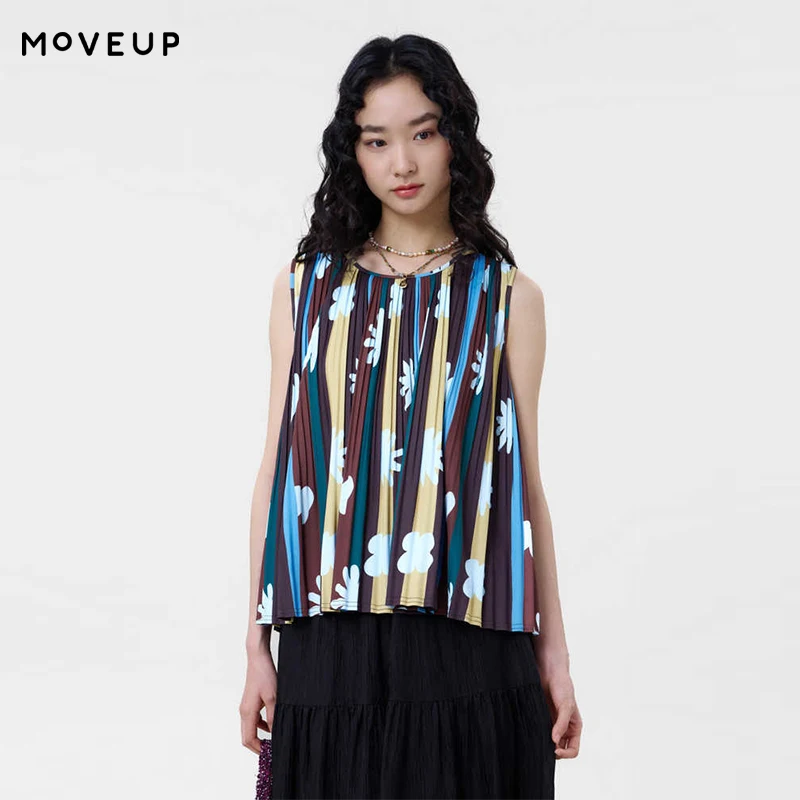 MOVEUP Casual Round Neck Tank Top 2026 Summer New Contrasting Flower Stripe Print Pleated Commuting Tanks For Women 3ELX11101