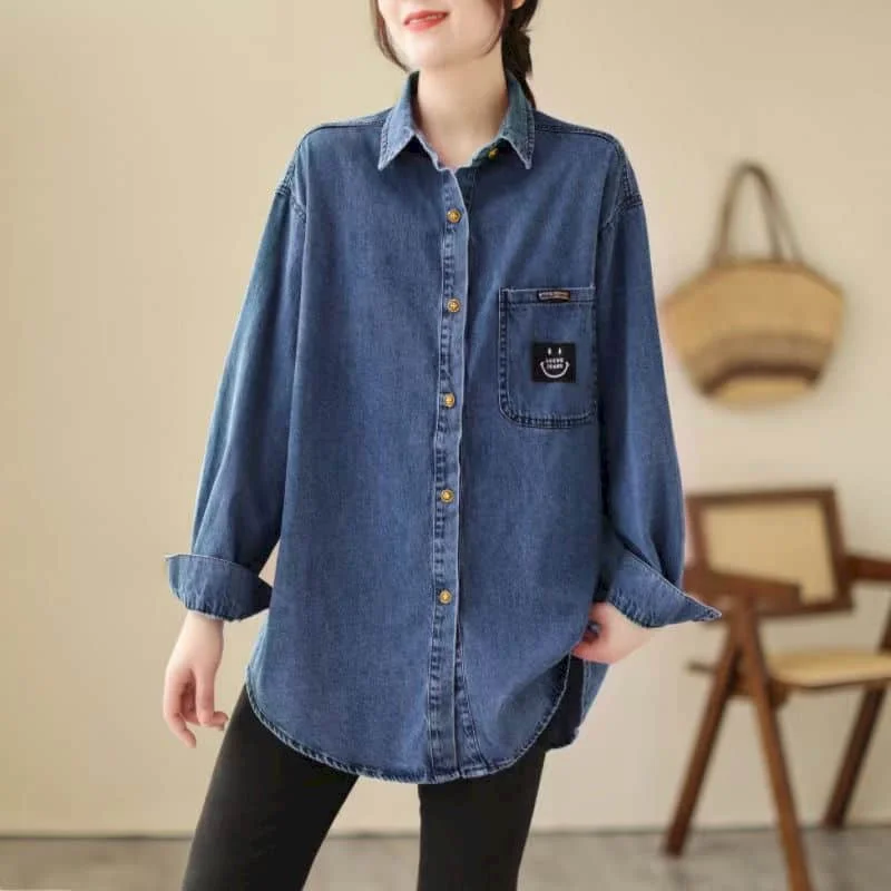 Denim Shirts for Women Vintage Long Sleeve Solid Cardigans Polo-neck Casual Single Breasted Korean Fashion One-piece Women Tops