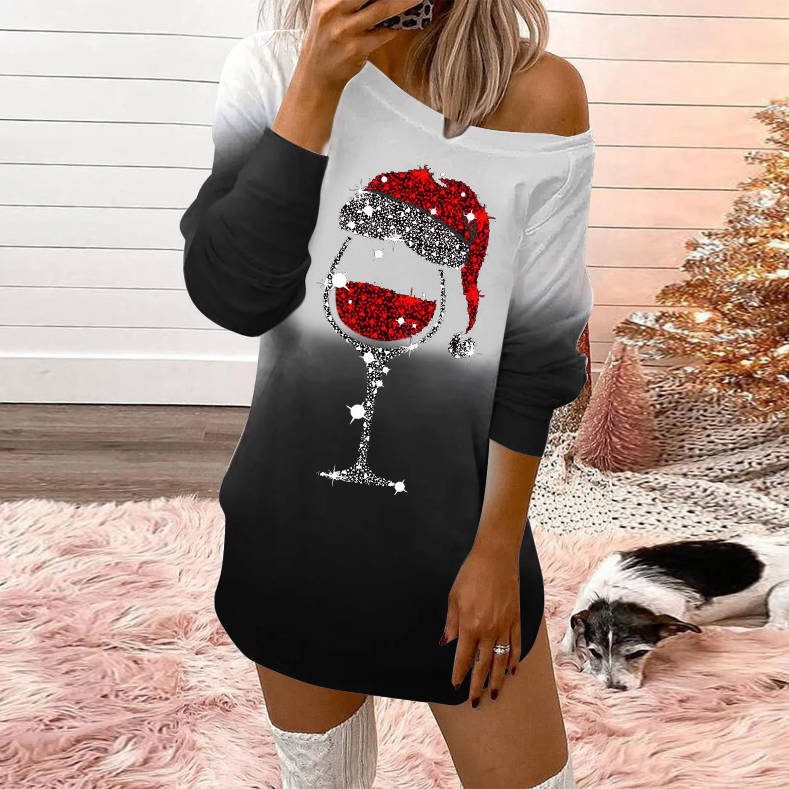 For Women\'s Autumn Winter Long-sleeved Casual Pullover Dresses Mini Party Dress Clothing Christmas Sexy Off Shoulder Dress