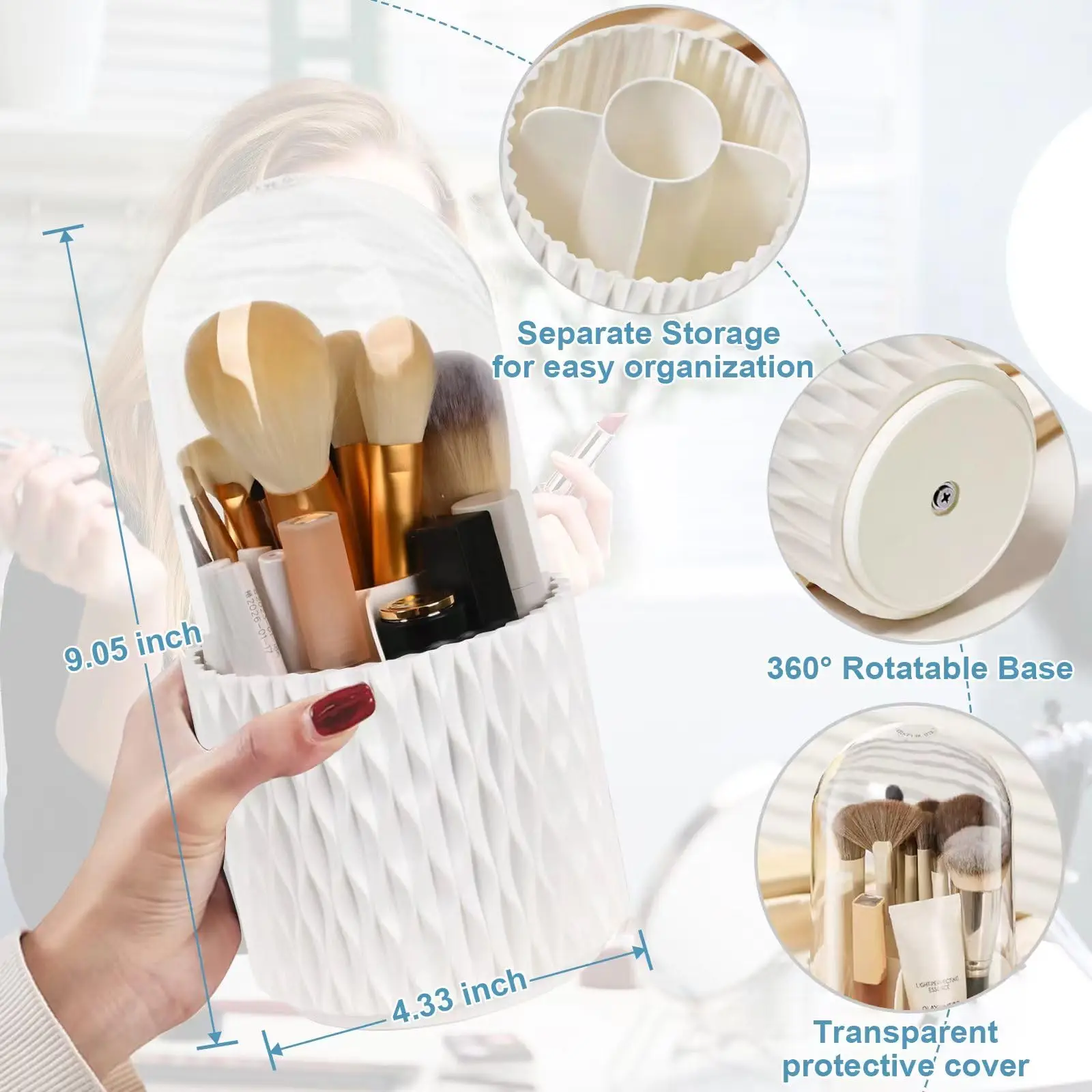 Make Up Brush Organizer with Lid 360 Rotating Makeup Brush Holder Storage Box for Vanity  Bathroom 5 Slot Brushes Cup