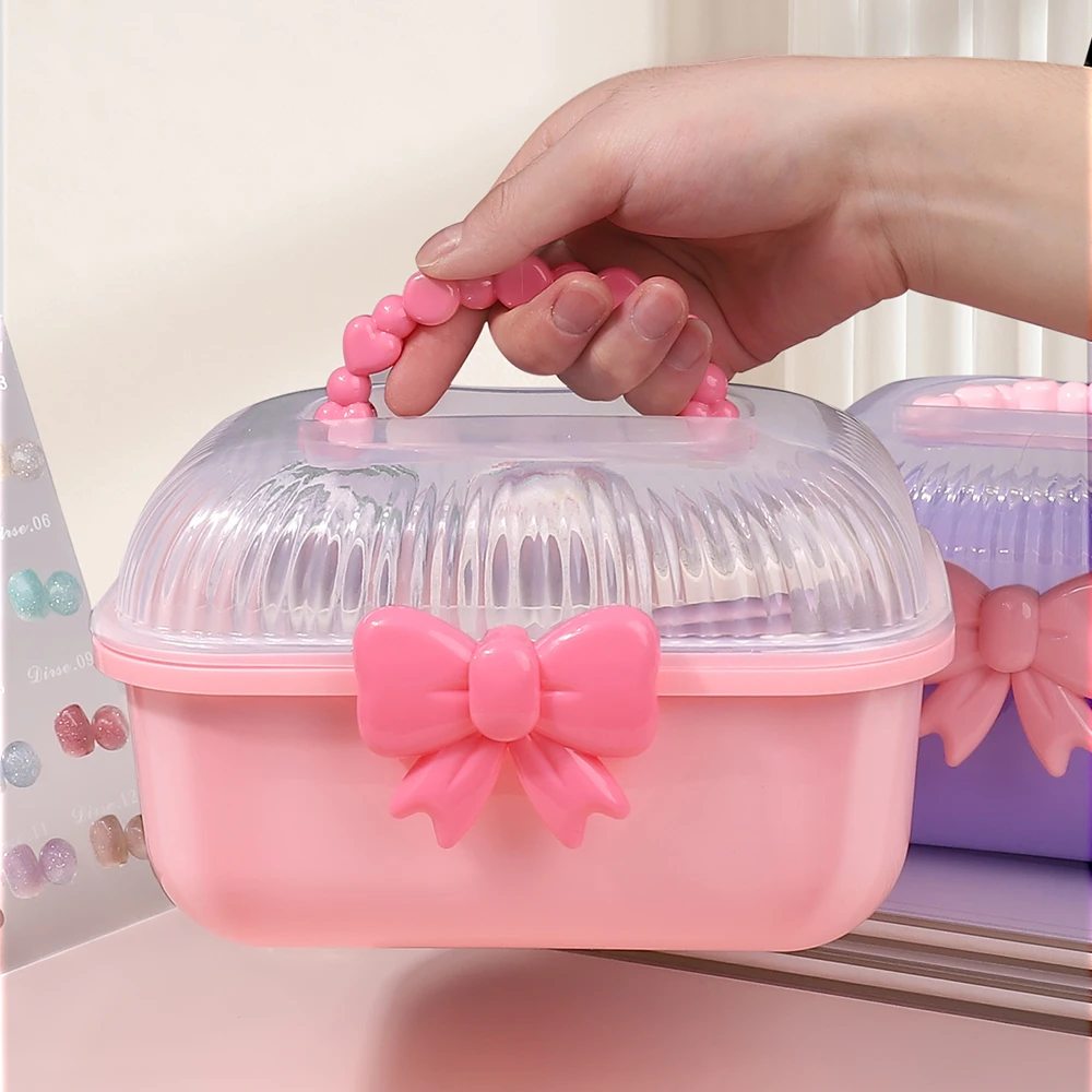 1Pc Double Layer Bow Plastic Nail Brush Tie Hairpin Storage Jewelry Children\'s Hair Accessories Organizer Portable Nail Tool Box