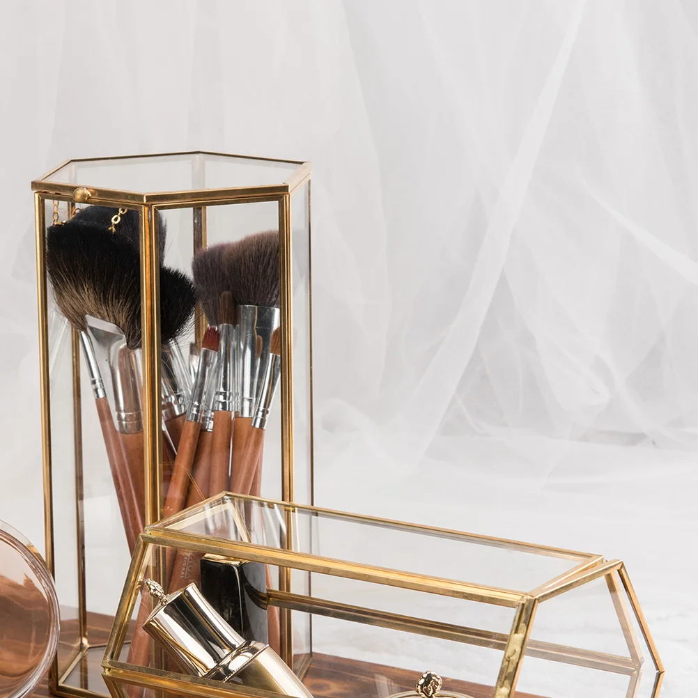 육각형 메이크업 정리함, 구리 프레임, 골드 투명 유리 브러쉬 홀더, 화장대 정리, 깔끔함, 레트로