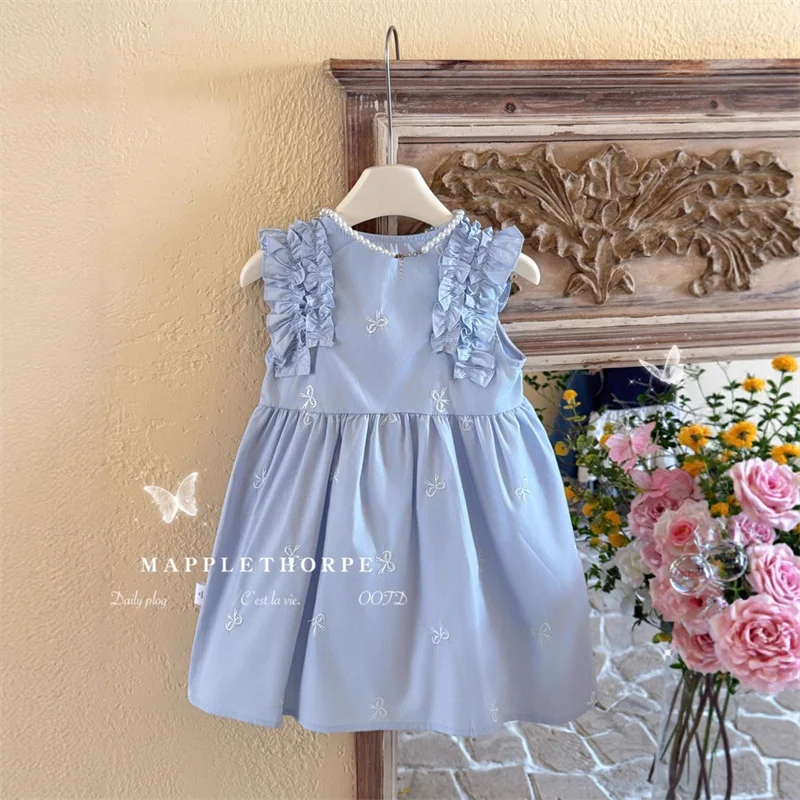 

2026 Summer Girls Dress Children Lace Embroidery Bow Gown Kids Sweet Princess-Style Vestidos Baby Toddler Casual Clothing 2-8 Y