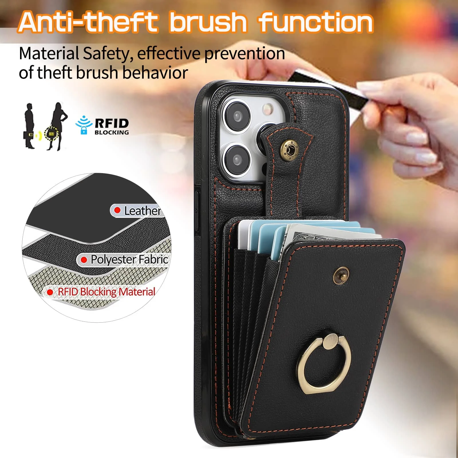 For iPhone 18/17e/16/15/14 Pro Max Plus Case Wallet with Card Holder, 360°Rotation Finger Ring Holder Kickstand, RFID Blocking