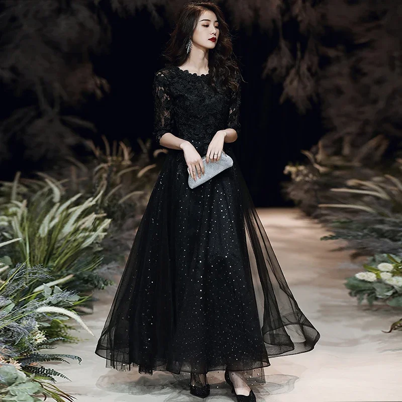 

Sweet Memory O-neck Lace Black Evening Dress Princess Half Sleeves Bling Tulle Floor-length Formal Party Dresses